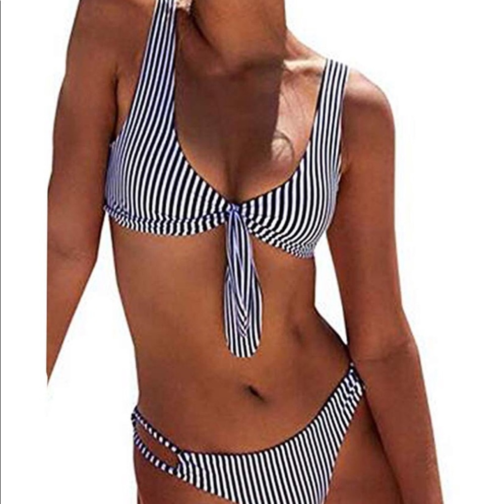 Navy and white striped bikini